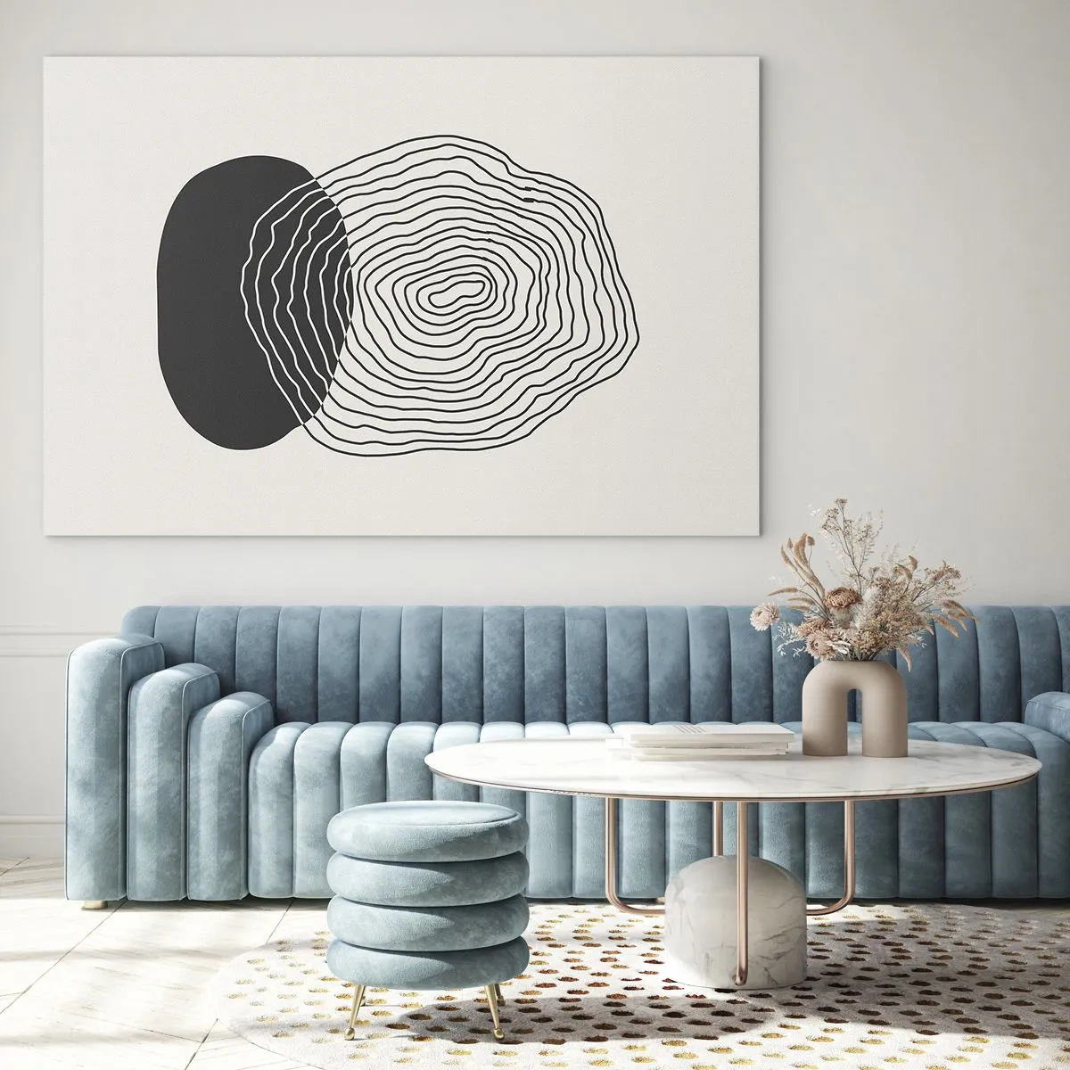 Impression sur verre - Image sur verre - Motif abstrait avec des ovales et des lignes noires et blanches - 70x50cm - Durabilité et oscillation - Décoration murale moderne pour le salon et la chambre ARTTOR