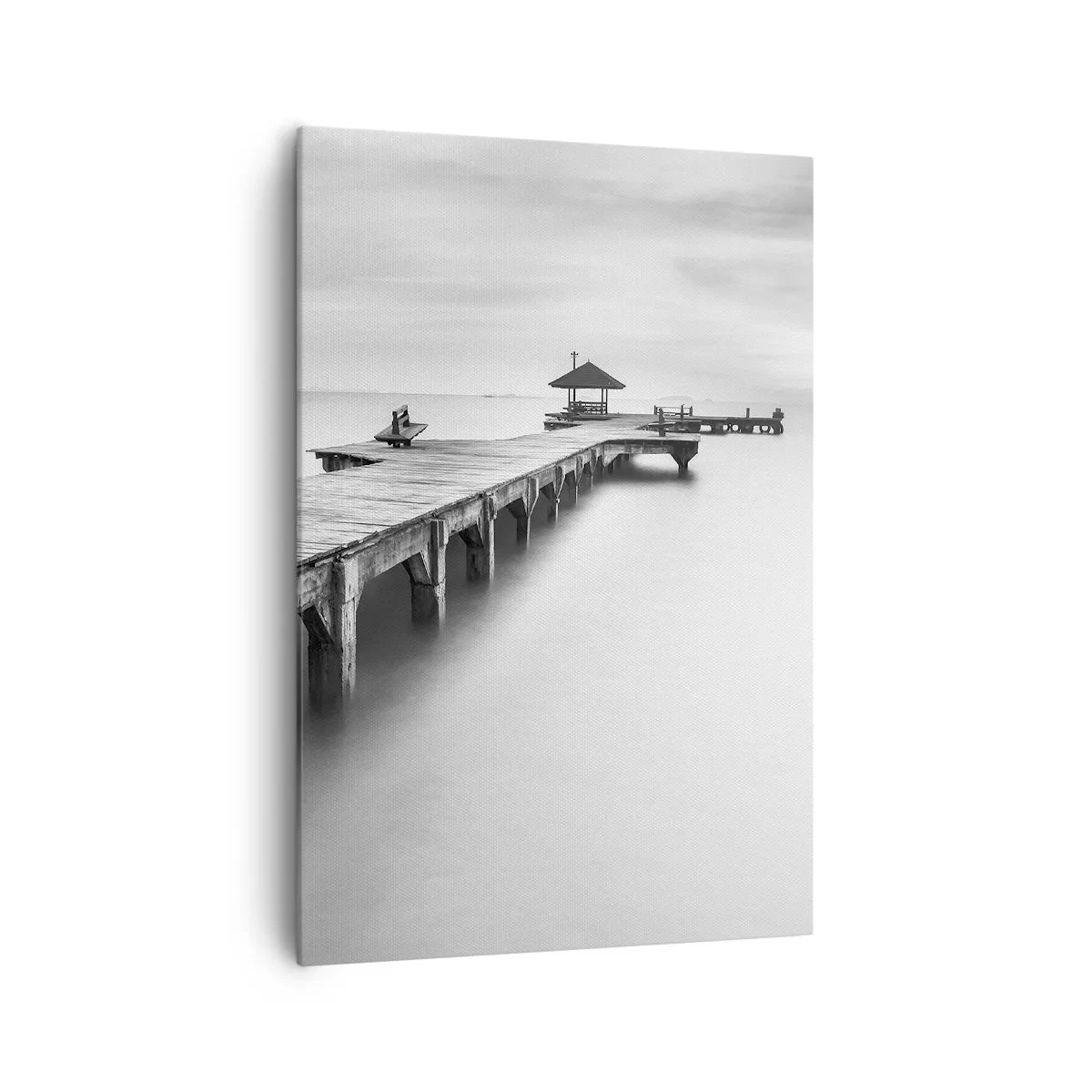 Impression sur toile - Image sur toile - Une vue en noir et blanc d'une jetée en bois sur une eau calme. - 70x100cm - À l'horizon - Décoration murale moderne pour le salon et la chambre ARTTOR
