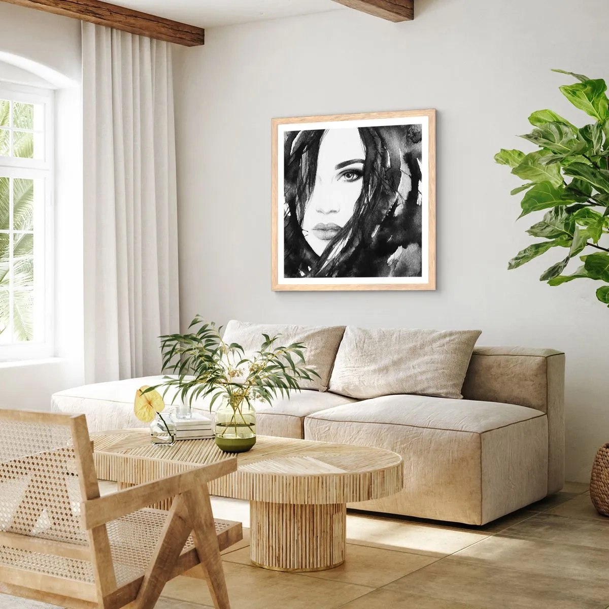 Affiche dans un chêne clair - Poster - Portrait d'une dame en noir et blanc - 30x30 cm