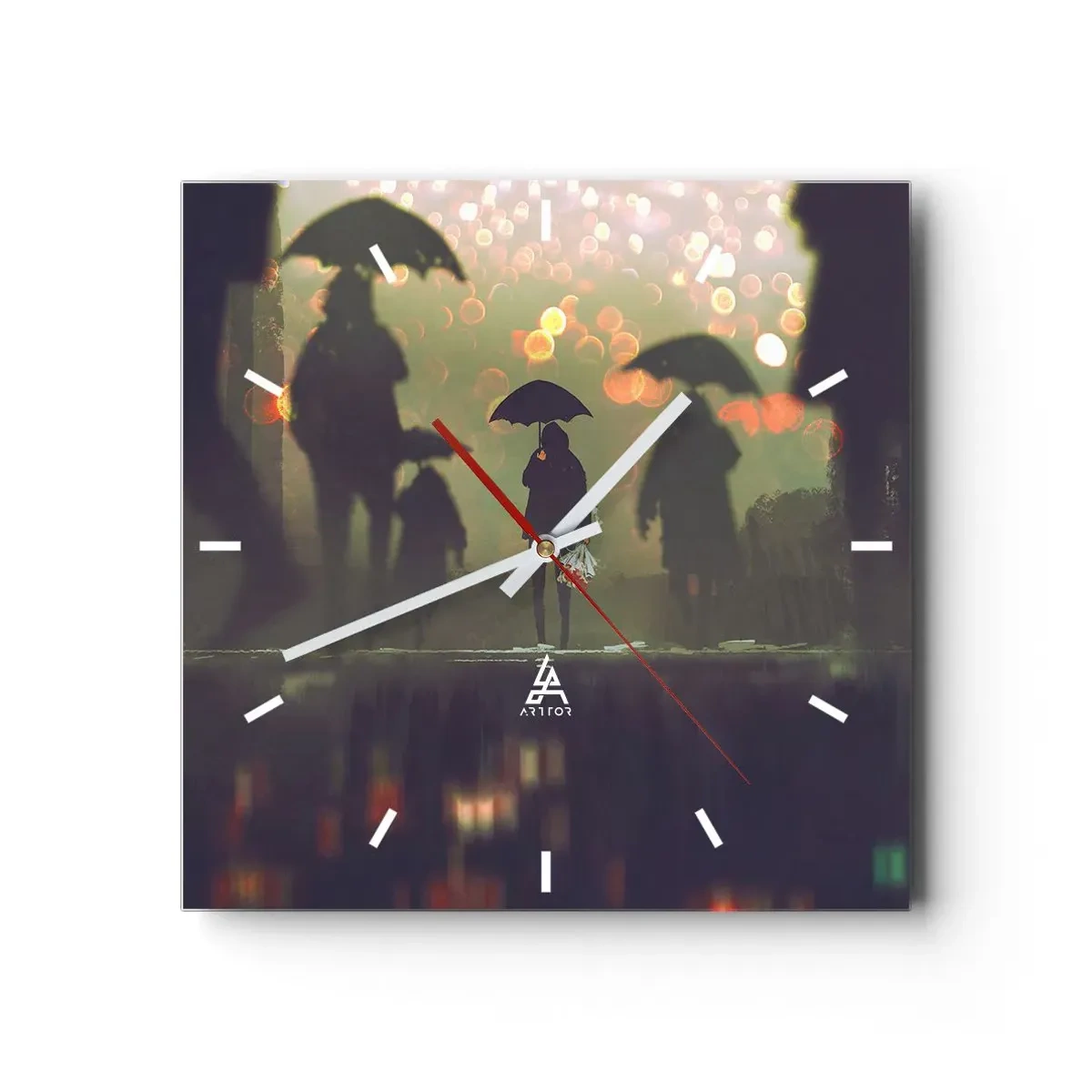 Horloge murale - Pendule murale - Une silhouette avec un parapluie un soir pluvieux parmi les lumières de la ville - 30x30cm - Du point de vue d'une goutte de pluie - Décoration murale moderne pour le salon et la chambre ARTTOR