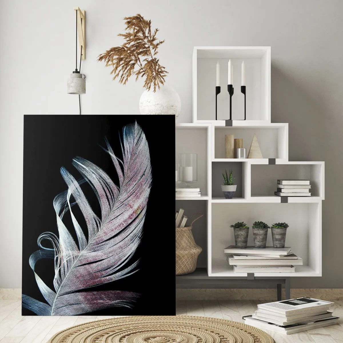 Impression sur verre - Image sur verre - Une plume délicate sur fond noir dans une démarche artistique - 70x100cm - Pensez au toucher - Décoration murale moderne pour le salon et la chambre ARTTOR