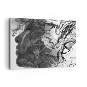 Impression sur toile - Image sur toile - Visage abstrait en noir et blanc avec des lignes dynamiques. - 120x80cm - Emmêlé dans les rêves - Décoration murale moderne pour le salon et la chambre ARTTOR