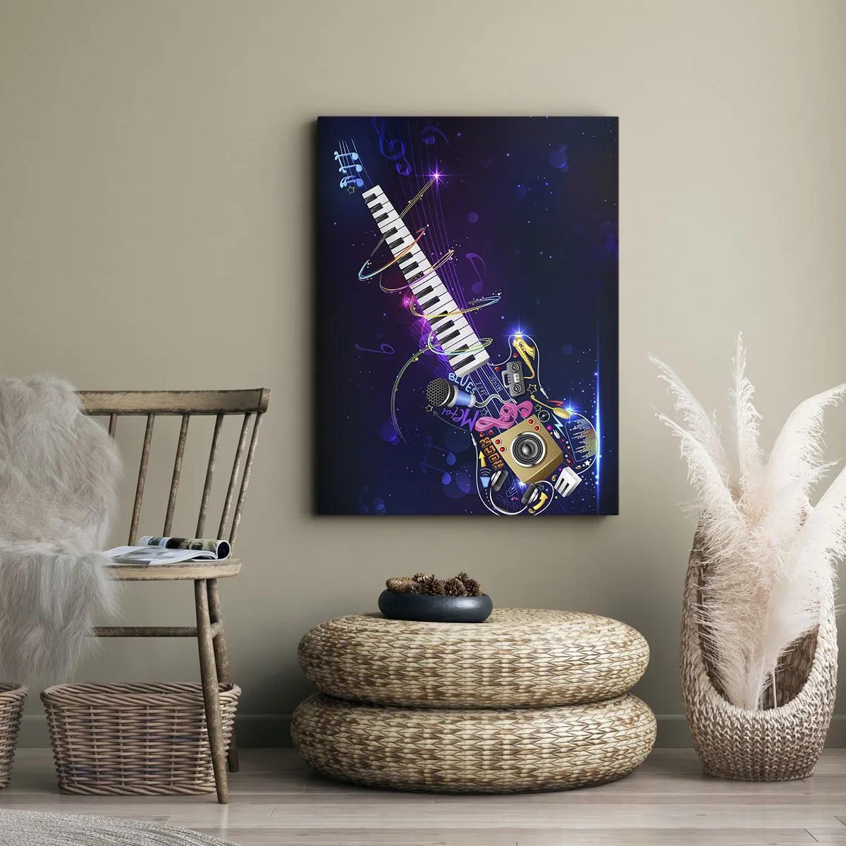 Impression sur toile - Image sur toile - Une guitare colorée avec un clavier et un microphone sur un fond sombre. - 50x70cm - Et tout va bien - Décoration murale moderne pour le salon et la chambre ARTTOR