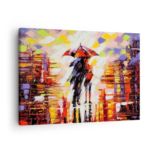 Impression sur toile - Image sur toile - Une scène abstraite d'une promenade sous un parapluie par une nuit pluvieuse. - 70x50cm - Ensemble à travers la nuit et la pluie - Décoration murale moderne pour le salon et la chambre ARTTOR