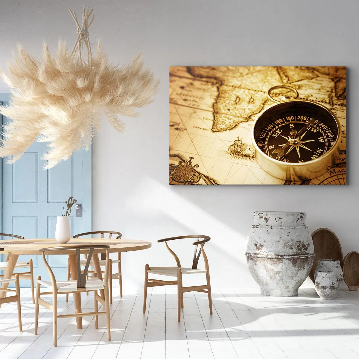 Impression sur toile - Image sur toile - Une boussole antique sur fond d'une vieille carte du monde - 120x80cm - Est ou ouest? - Décoration murale moderne pour le salon et la chambre ARTTOR