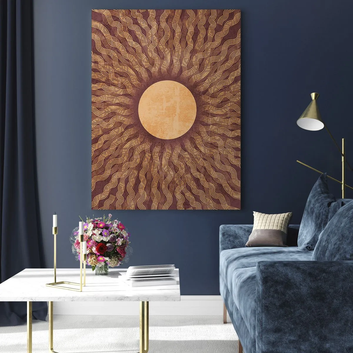 Impression sur verre - Image sur verre - Motif ensoleillé avec des rayons sur un fond dans les tons marron - 70x100cm - Icône du soleil - Décoration murale moderne pour le salon et la chambre ARTTOR