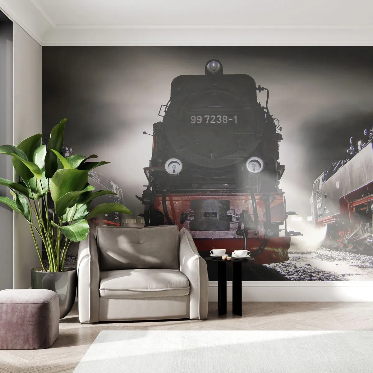 Papier Peint Photo Premium Canvas - Une locomotive à vapeur entourée de vapeur sur un ciel sombre dans un décor atmosphérique - 100x70cm - Il se lève et siffle, halète et souffle - Décoration murale moderne pour le salon et la chambre ARTTOR
