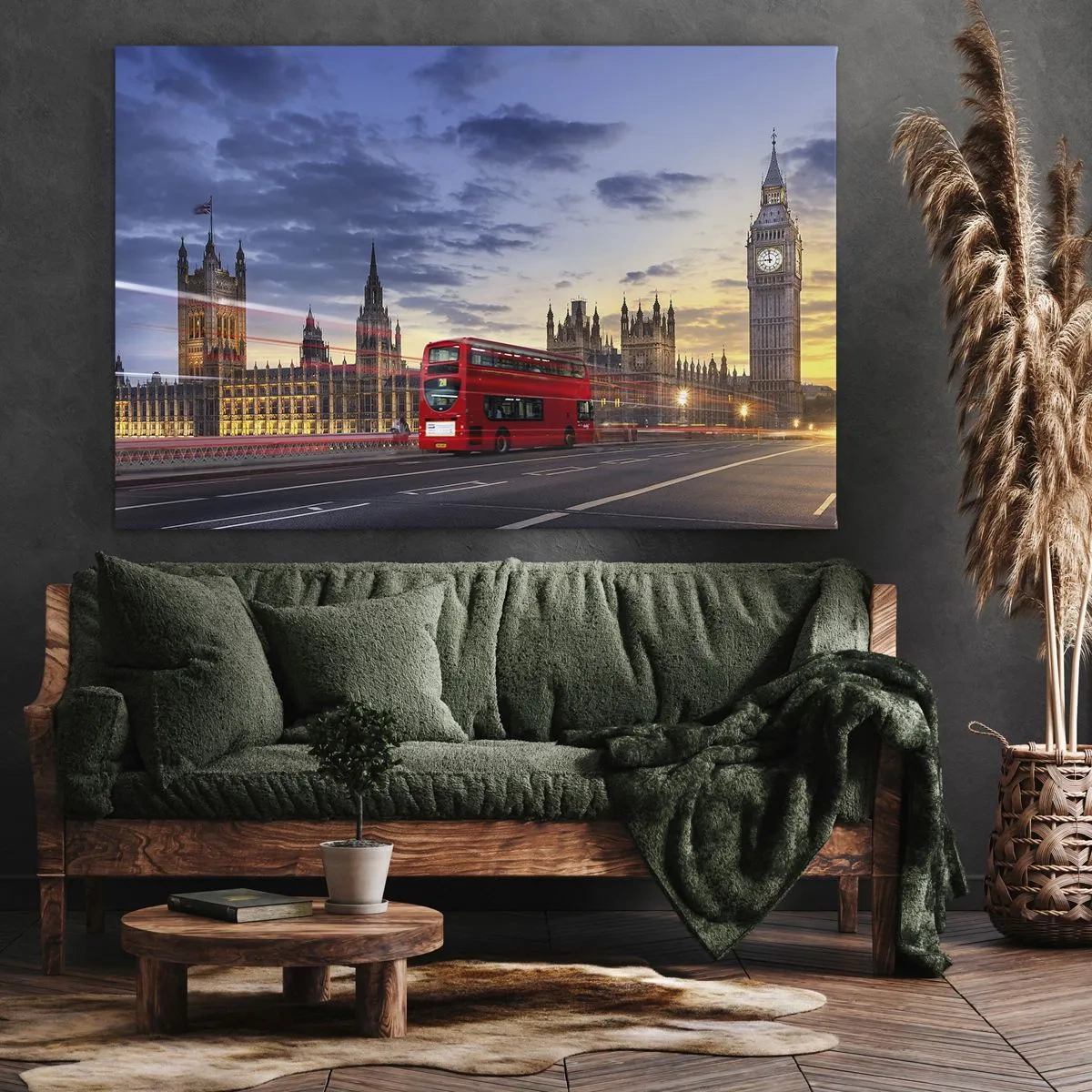 Impression sur toile - Image sur toile - Un bus rouge avec Big Ben et les Chambres du Parlement en arrière-plan au crépuscule. - 100x70cm - Caractères spéciaux - Décoration murale moderne pour le salon et la chambre ARTTOR