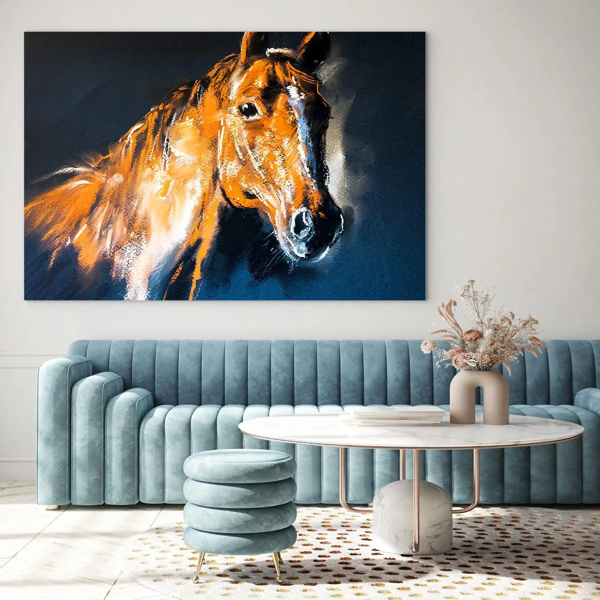 Impression sur verre - Image sur verre - Portrait d'un cheval aux nuances intenses de brun sur fond sombre - 100x70cm - Et alors, tu y vas ? - Décoration murale moderne pour le salon et la chambre ARTTOR