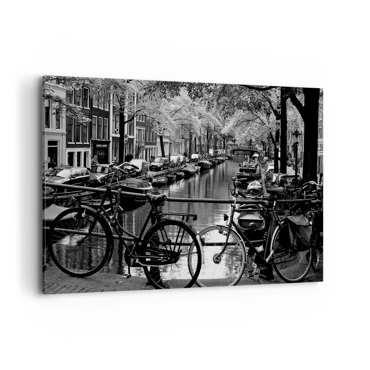 Impression sur toile - Image sur toile - Canal avec des vélos en photographie noir et blanc - 120x80cm - Une vue très hollandaise - Décoration murale moderne pour le salon et la chambre ARTTOR