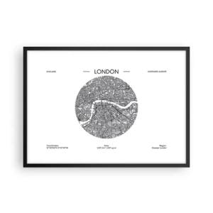 Affiche dans un cadre noir - Poster - Une carte minimaliste de Londres en noir et blanc avec des détails précis. - 70x50cm - Anatomie de Londres - Décoration murale moderne pour le salon et la chambre ARTTOR
