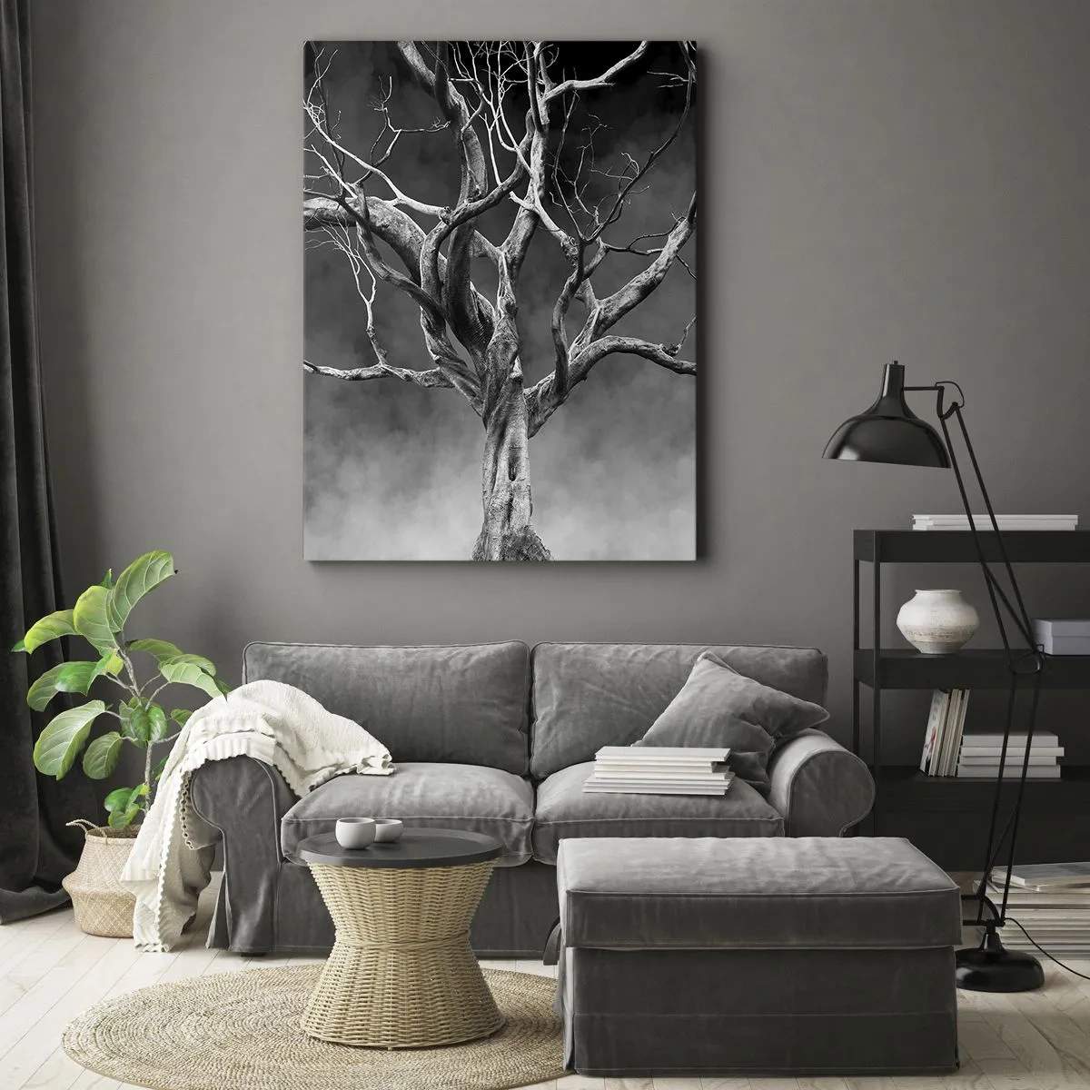 Impression sur toile - Image sur toile - Un arbre sec en noir et blanc contre le brouillard - 50x70cm - Primordial et sacré - Décoration murale moderne pour le salon et la chambre ARTTOR