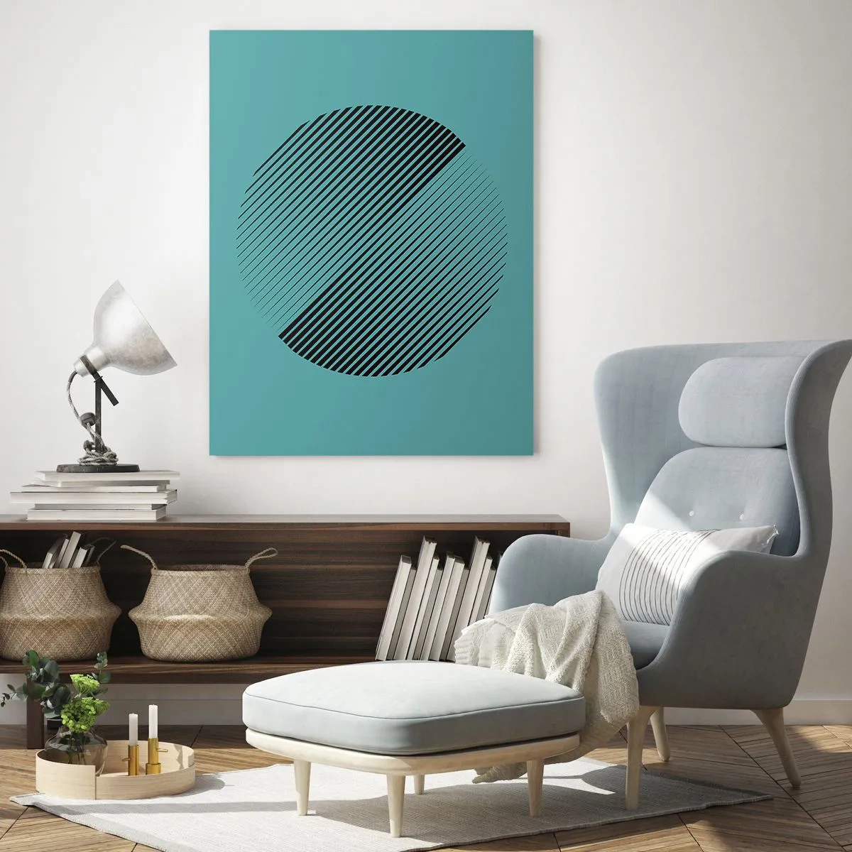 Impression sur verre - Image sur verre - Un cercle minimaliste avec des lignes sur un fond turquoise. - 80x120cm - Cercle – une variation géométrique - Décoration murale moderne pour le salon et la chambre ARTTOR