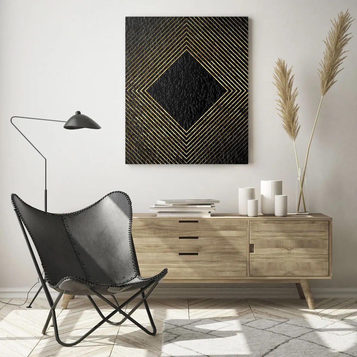 Impression sur verre - Image sur verre - Fond noir avec un motif géométrique de lignes dorées - 80x120cm - Géométrie dans un style glamour - Décoration murale moderne pour le salon et la chambre ARTTOR