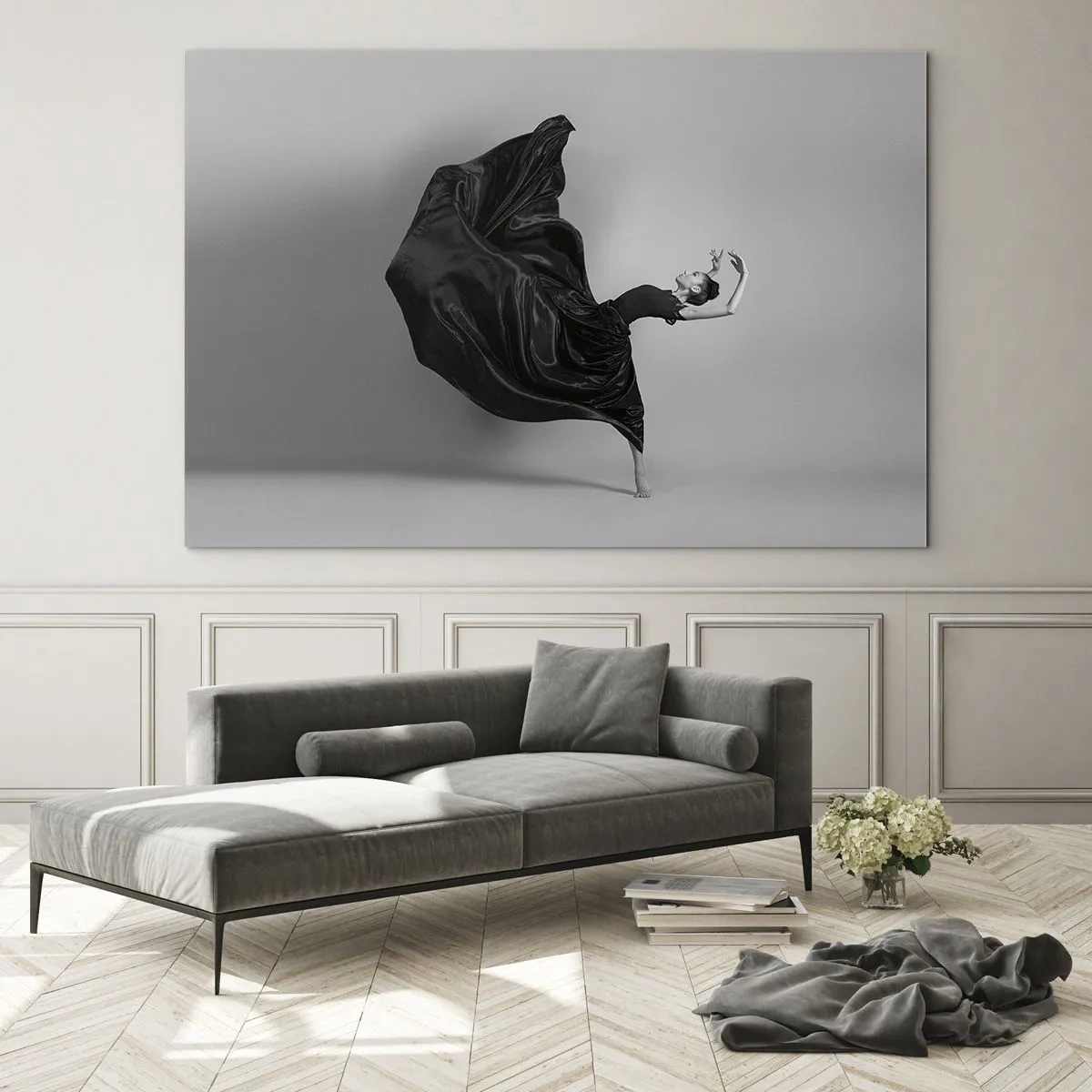 Impression sur verre - Image sur verre - Une danseuse en robe noire flottant dynamiquement dans les airs - 120x80cm - Musique ailées - Décoration murale moderne pour le salon et la chambre ARTTOR