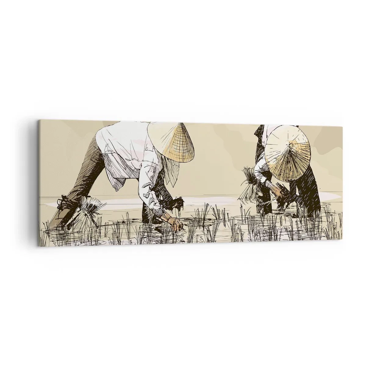 Impression sur toile - Image sur toile - Des agriculteurs travaillant dans une rizière portant des coiffures traditionnelles - 140x50cm - Récolte réussie - Décoration murale moderne pour le salon et la chambre ARTTOR
