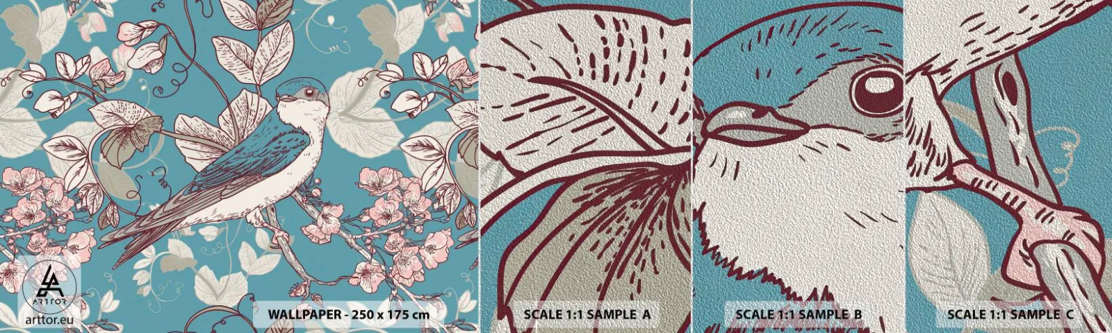 Échantillon de Papier Peint Premium Sand - Dans le bois blanc du rouge et de l'argent - Abstraction, Avaler, Oiseau - 100x30 cm