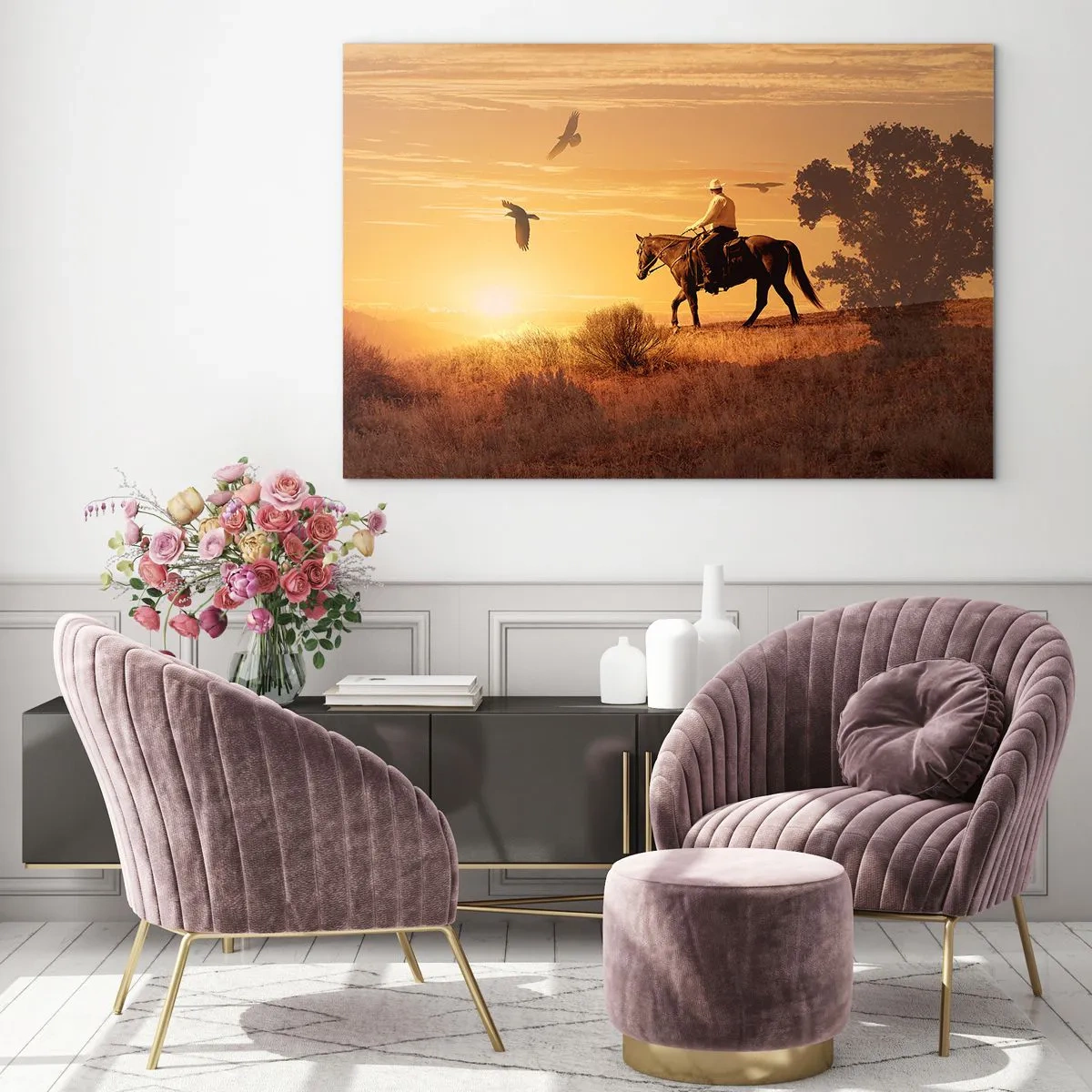 Impression sur verre - Image sur verre - Seul à travers la prairie - 120x80cm - Seul à travers la prairie - Décoration murale moderne pour le salon et la chambre ARTTOR