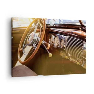 Impression sur toile - Image sur toile - Gros plan de l'intérieur d'une voiture classique avec des détails en bois et en chrome. - 70x50cm - Souffle de luxe venu du passé - Décoration murale moderne pour le salon et la chambre ARTTOR