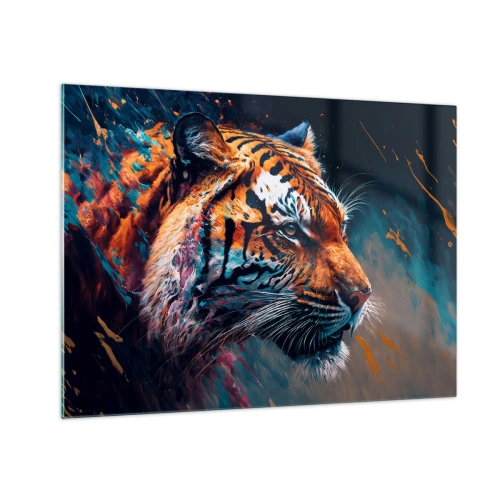 Impression sur verre - Image sur verre - Portrait d'un tigre dans une explosion artistique de couleurs - 70x50cm - Beauté sauvage - Décoration murale moderne pour le salon et la chambre ARTTOR