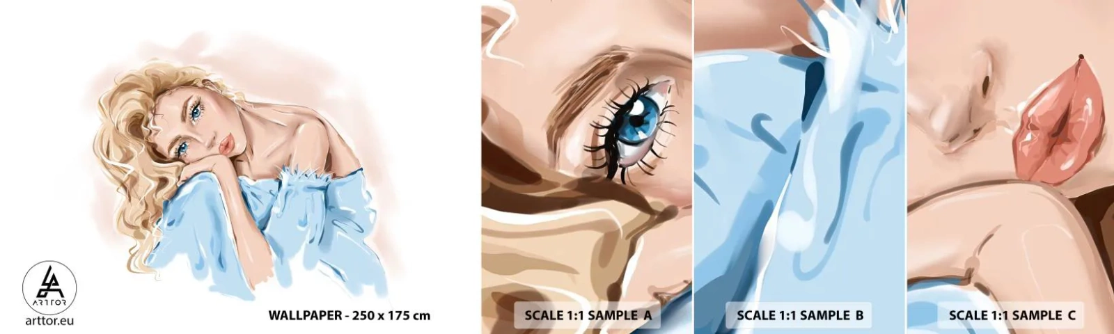 Échantillon de Papier Peint Autocollant Deluxe Sticker - Rêveuse en bleu - Femme, Mode, Graphique - 100x30 cm