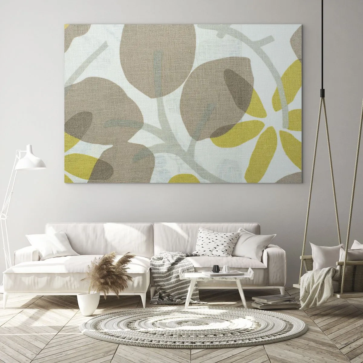 Impression sur verre - Image sur verre - Feuilles et fleurs stylisées dans des tons beiges et jaunes pastel - 70x50cm - Composition en plein soleil - Décoration murale moderne pour le salon et la chambre ARTTOR