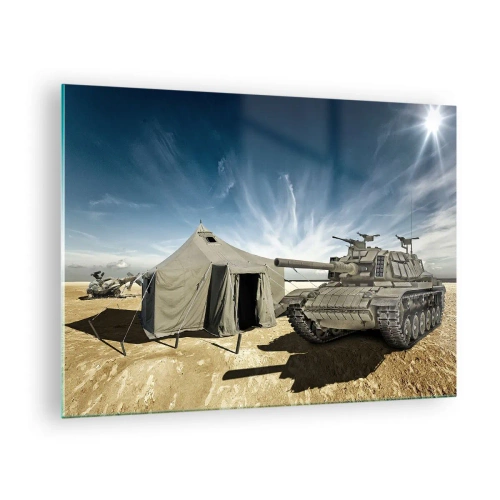 Impression sur verre - Image sur verre - Un char et une tente dans un désert sous un ciel bleu - 70x50cm - Un rêve militaire - Décoration murale moderne pour le salon et la chambre ARTTOR