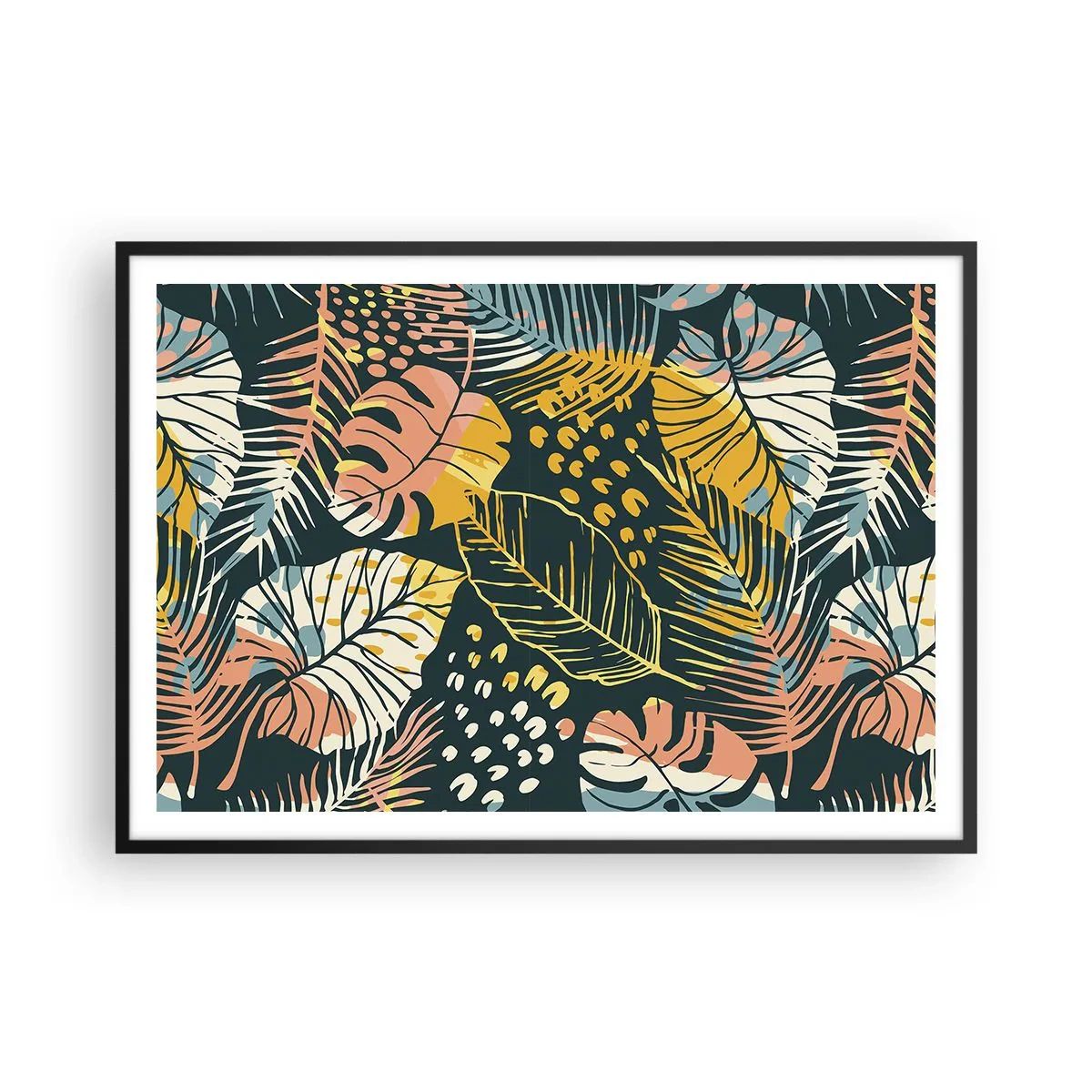 Affiche dans un cadre noir - Poster - Feuilles colorées sur fond sombre - 100x70cm - Fantaisie feuillue - Décoration murale moderne pour le salon et la chambre ARTTOR