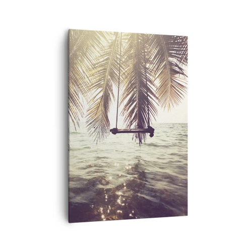 Impression sur toile - Image sur toile - Palmier avec une balançoire au-dessus de l'eau au soleil - 70x100cm - Vous pouvez vous balancer dans les nuages