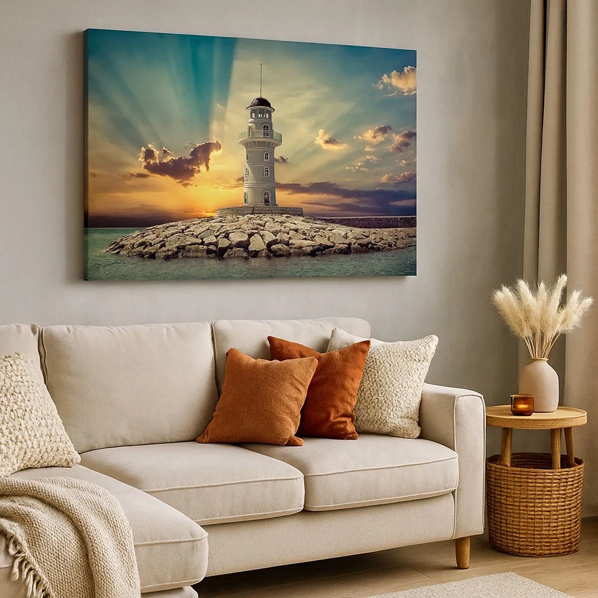 Impression sur toile - Image sur toile - Un phare au coucher du soleil contre le ciel - 70x50cm - Lumière - Bonté - Beauté - Décoration murale moderne pour le salon et la chambre ARTTOR