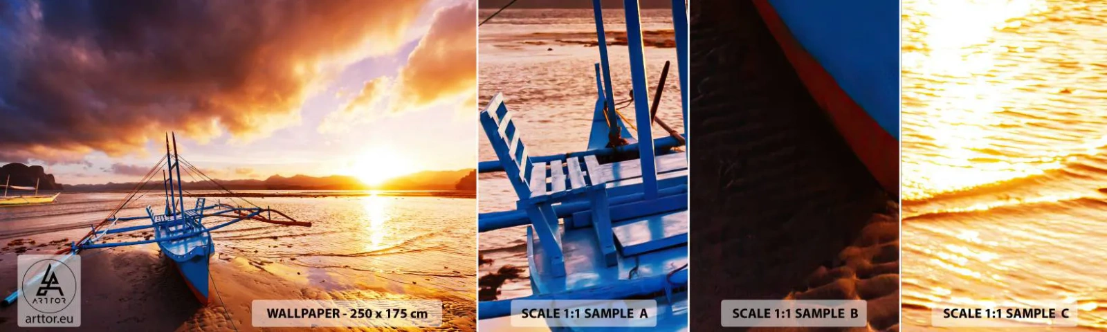 Échantillon de Papier Peint Autocollant Deluxe Sticker - Allongez-vous dans le sable après une longue journée - Paysage, Mer, Bateau de pêche - 100x30 cm