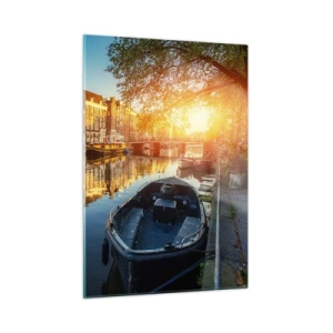 Impression sur verre - Image sur verre - Canal d'Amsterdam au coucher du soleil - 50x70cm - Début de journée à Amsterdam - Décoration murale moderne pour le salon et la chambre ARTTOR