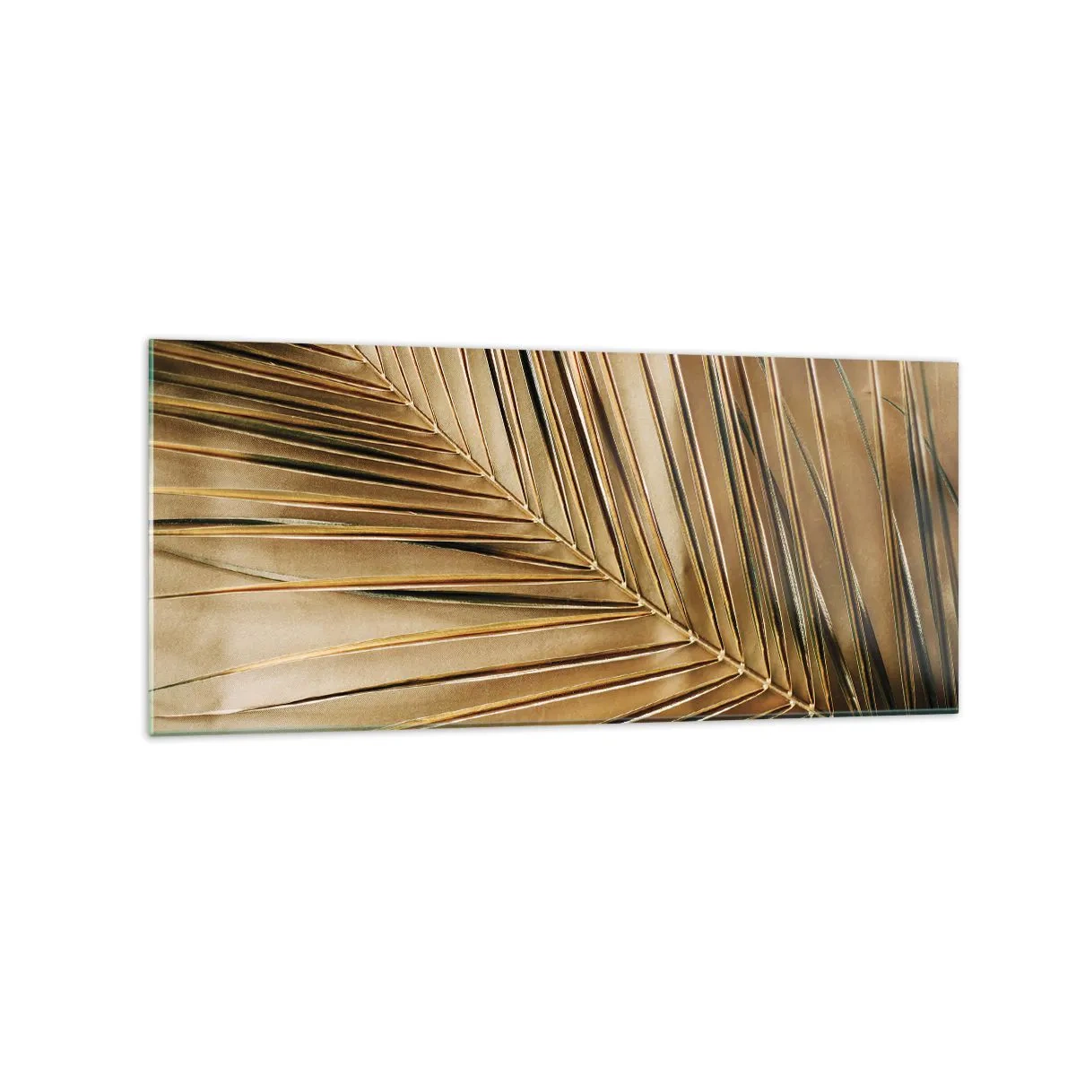 Impression sur verre - Image sur verre - Feuille de palmier dorée sur fond uni - 120x50cm - Colonnade naturelle - Décoration murale moderne pour le salon et la chambre ARTTOR
