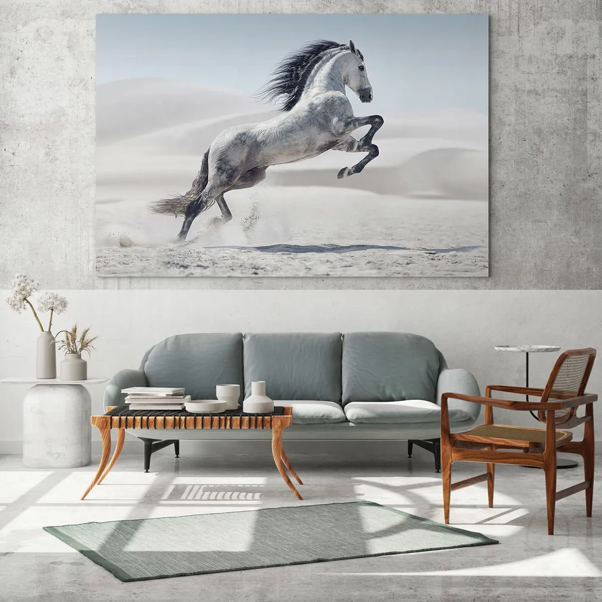 Impression sur verre - Image sur verre - Un cheval blanc bondissant sur fond de dunes du désert - 70x50cm - Prince arabe - Décoration murale moderne pour le salon et la chambre ARTTOR