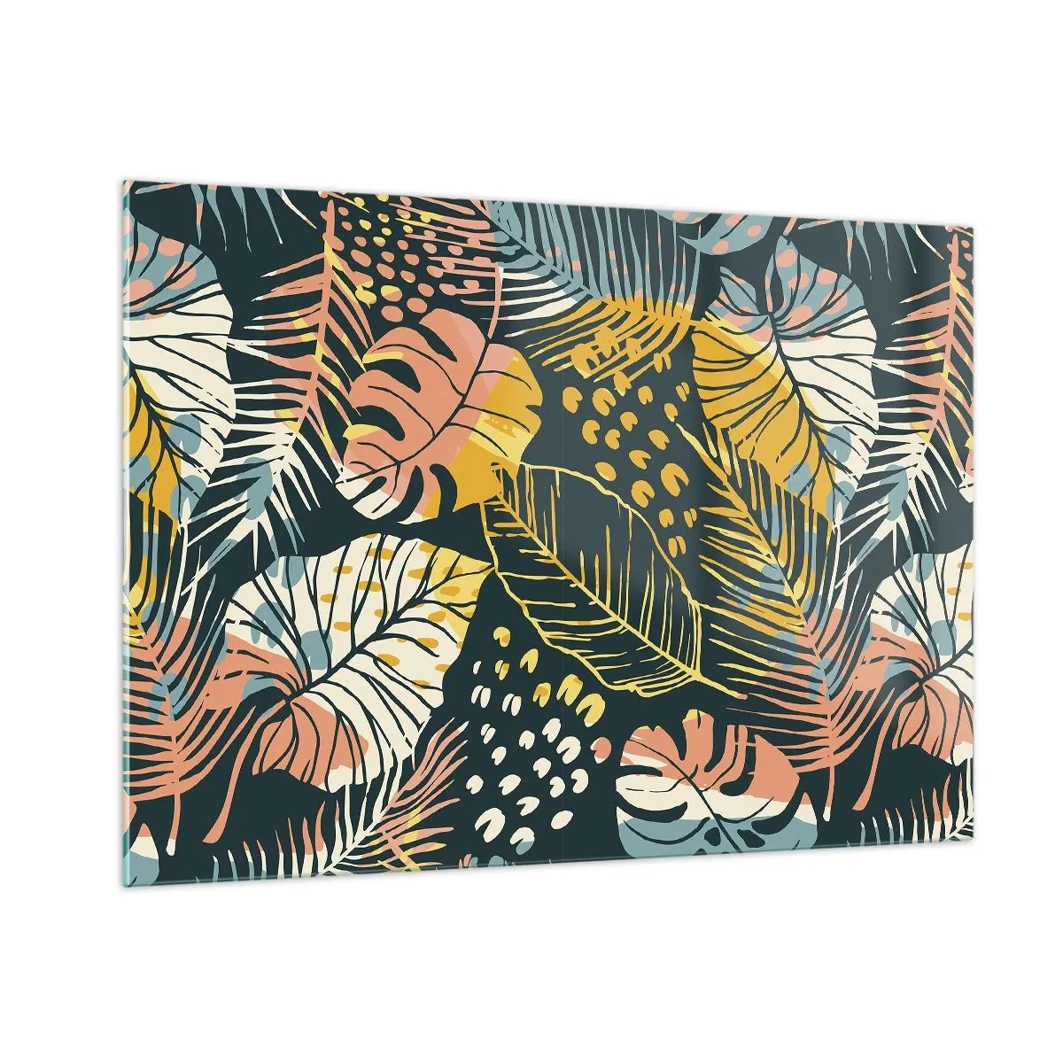 Impression sur verre - Image sur verre - Un motif de feuilles tropicales aux couleurs vibrantes, pleines d'énergie et d'exotisme. - 100x70cm - Fantaisie feuillue - Décoration murale moderne pour le salon et la chambre ARTTOR