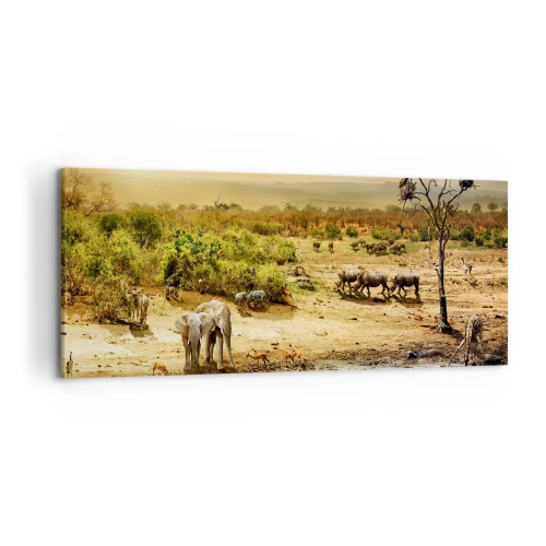 Impression sur toile - Image sur toile - Éléphants et animaux sauvages à un point d'eau au coucher du soleil - 120x50cm - "Et d'Eden coulait une rivière..." - Décoration murale moderne pour le salon et la chambre ARTTOR