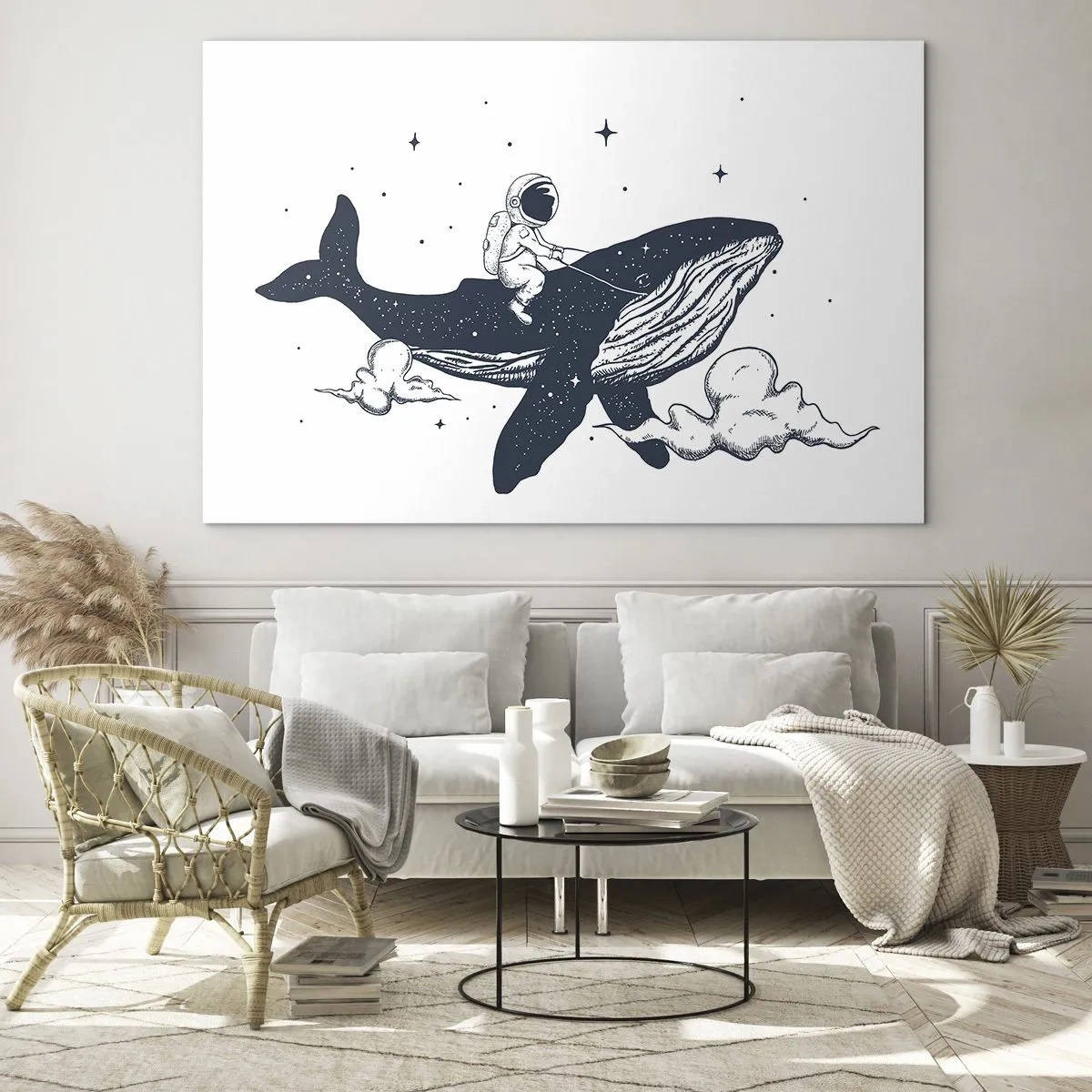 Impression sur verre - Image sur verre - Un astronaute chevauchant une baleine parmi les étoiles et les nuages - 120x80cm - Aventure spatiale - Décoration murale moderne pour le salon et la chambre ARTTOR