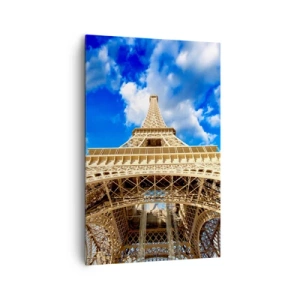 Impression sur toile - Image sur toile - La Tour Eiffel vue d'en bas contre un ciel bleu - 80x120cm - Atteindre le ciel et les nuages - Décoration murale moderne pour le salon et la chambre ARTTOR