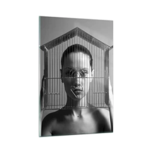 Impression sur verre - Image sur verre - Femme derrière une cage dans un style surréaliste - 80x120cm - Portrait un peu surréaliste - Décoration murale moderne pour le salon et la chambre ARTTOR