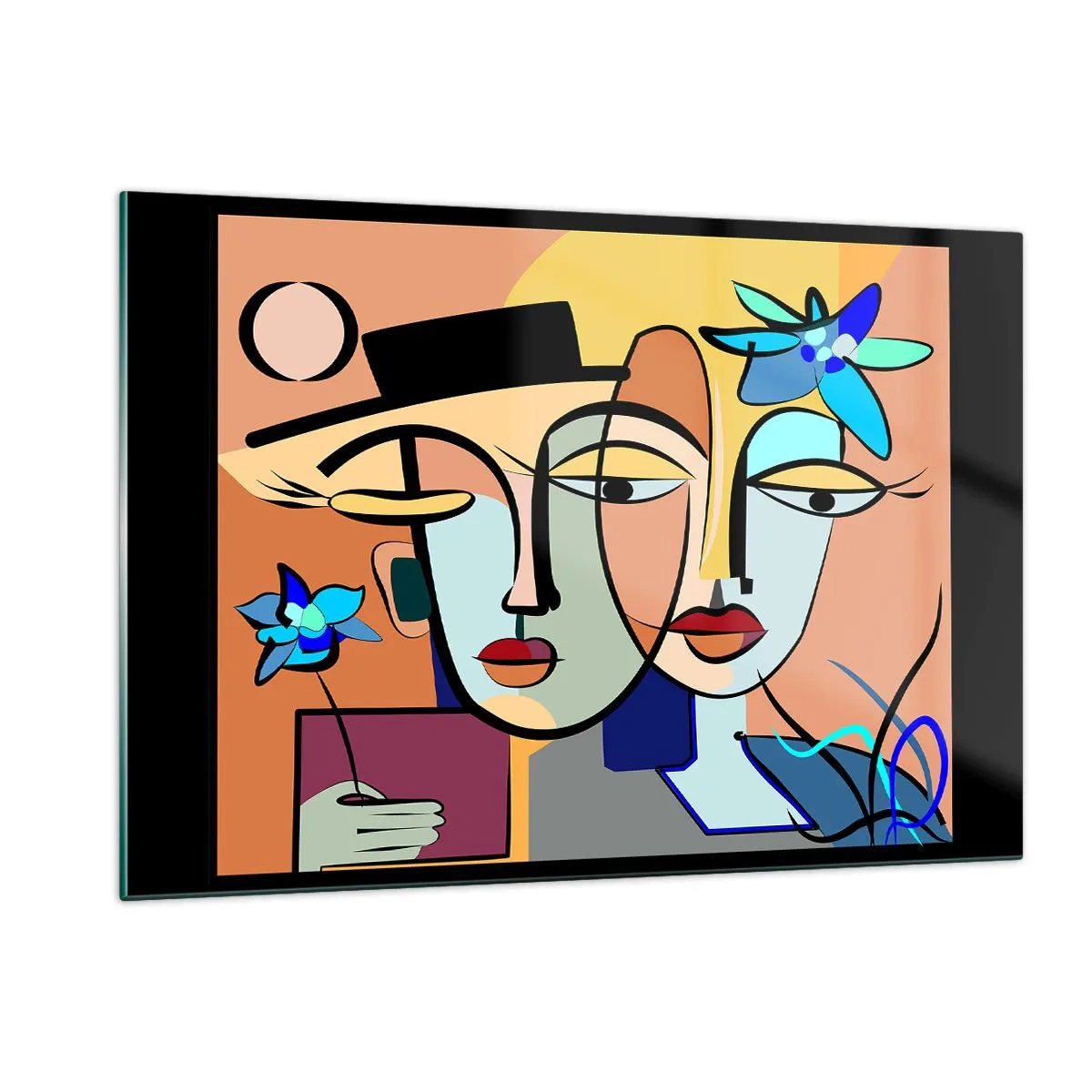 Impression sur verre - Image sur verre - Visages colorés de style cubiste avec des fleurs - 120x80cm - Le Rendez-vous de Picasso - Décoration murale moderne pour le salon et la chambre ARTTOR