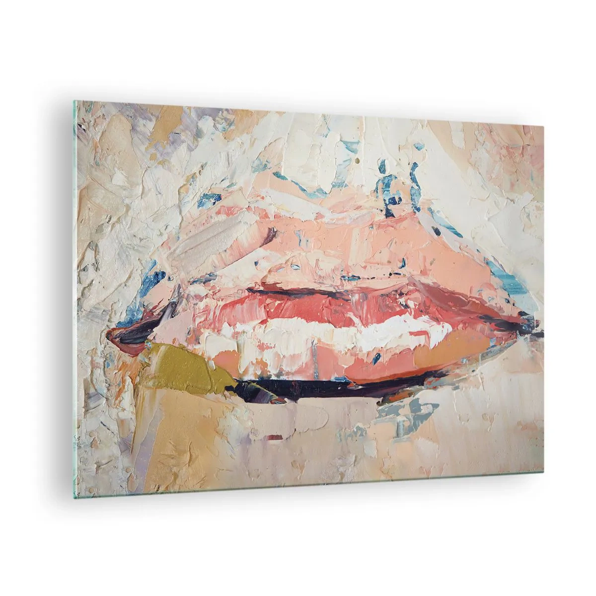 Impression sur verre - Image sur verre - Image abstraite de lèvres dans une technique de peinture expressive - 70x50cm - Éveil la pensée - Décoration murale moderne pour le salon et la chambre ARTTOR