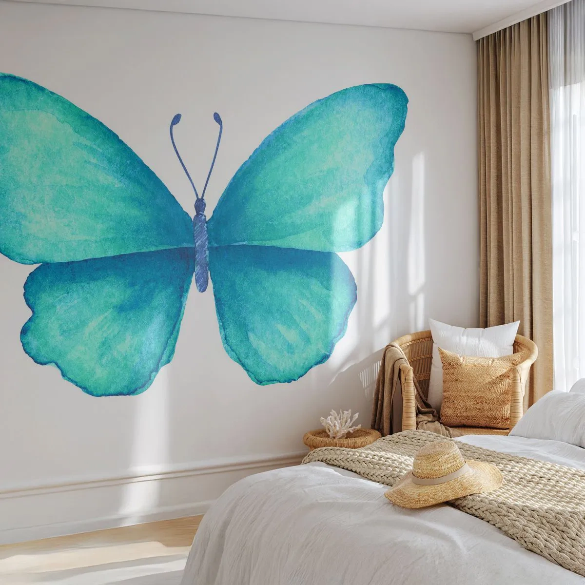 Papier Peint Photo Premium Sand - Papillon bleu aquarelle sur fond blanc - 100x70cm - Nature turquoise - Décoration murale moderne pour le salon et la chambre ARTTOR