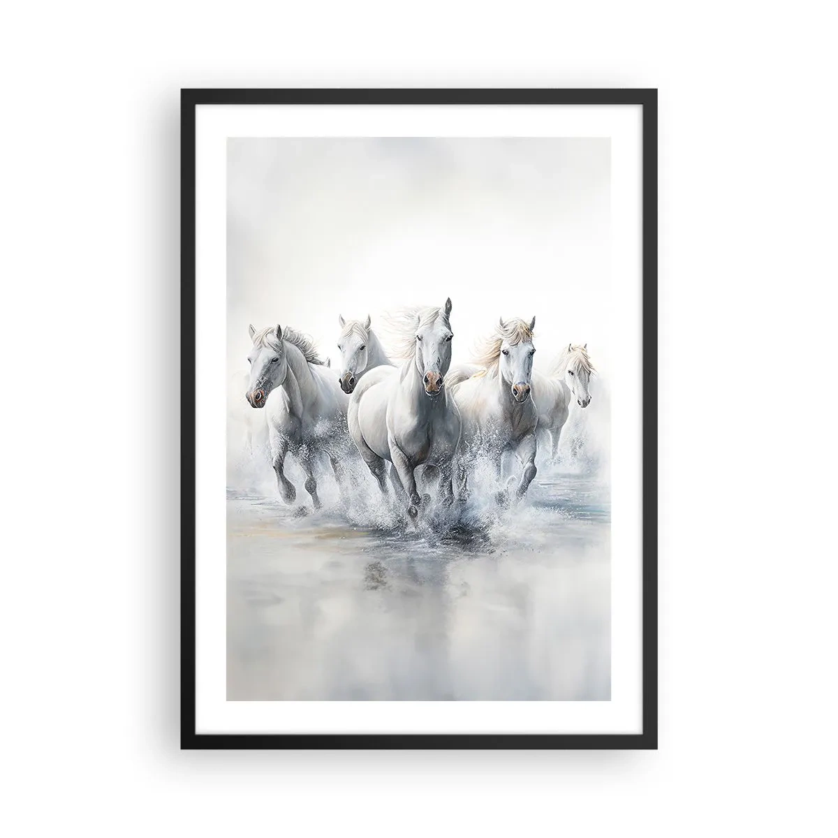 Affiche dans un cadre noir - Poster - Chevaux blancs galopant dans l'eau dans un décor dynamique - 50x70cm - Magie blanche - Décoration murale moderne pour le salon et la chambre ARTTOR