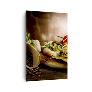 Impression sur toile - Image sur toile - Pizza aux légumes sur une planche en bois dans un style rustique - 80x120cm - Directement du four et du jardin - Décoration murale moderne pour le salon et la chambre ARTTOR