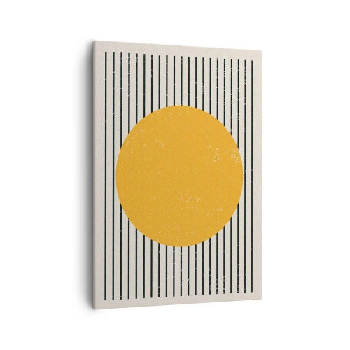 Impression sur toile - Image sur toile - Un cercle jaune sur un fond de lignes horizontales noires et blanches - 50x70cm - Le pouvoir de la simplicité - Décoration murale moderne pour le salon et la chambre ARTTOR