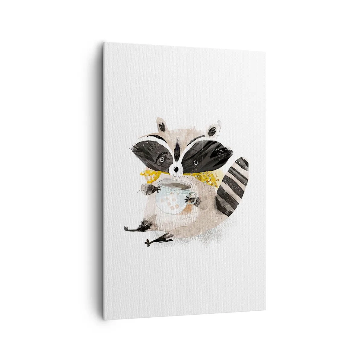 Impression sur toile - Image sur toile - Adorable raton laveur tenant une tasse de couleur pastel - 80x120cm - Mon ami le raton laveur - Décoration murale moderne pour le salon et la chambre ARTTOR
