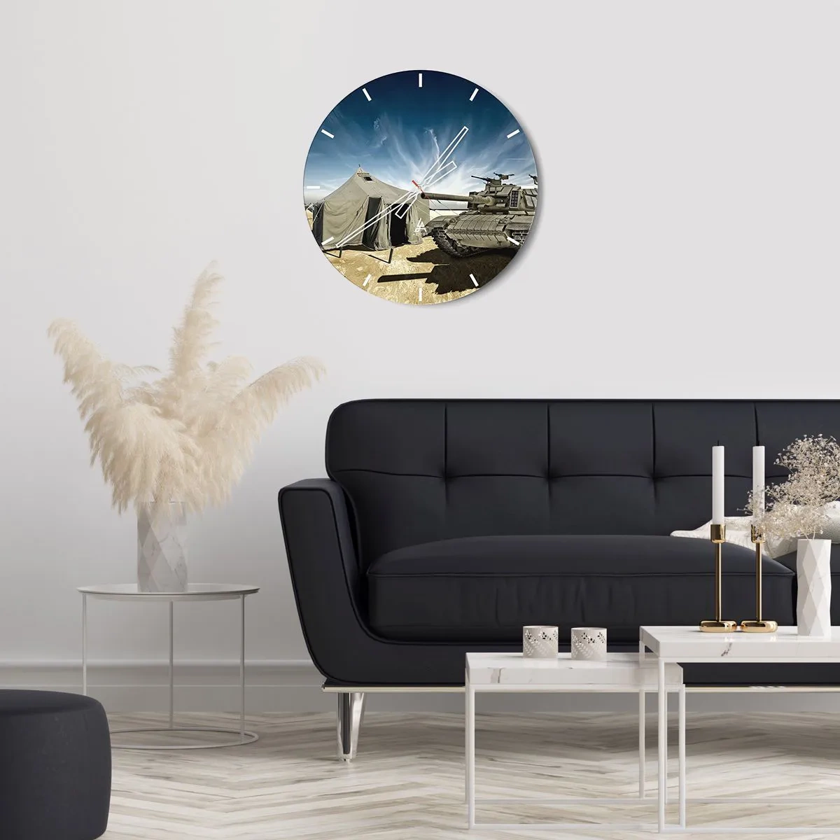 Horloge murale - Pendule murale - Un char et une tente contre un ciel bleu - 30x30cm - Un rêve militaire - Décoration murale moderne pour le salon, la cuisine et la chambre ARTTOR