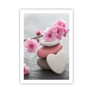 Affiche - Poster - Pierres en forme de cœur avec des fleurs de cerisier roses - 50x70cm - Le bonheur avec une fleur de cerisier - Décoration murale moderne pour le salon et la chambre ARTTOR