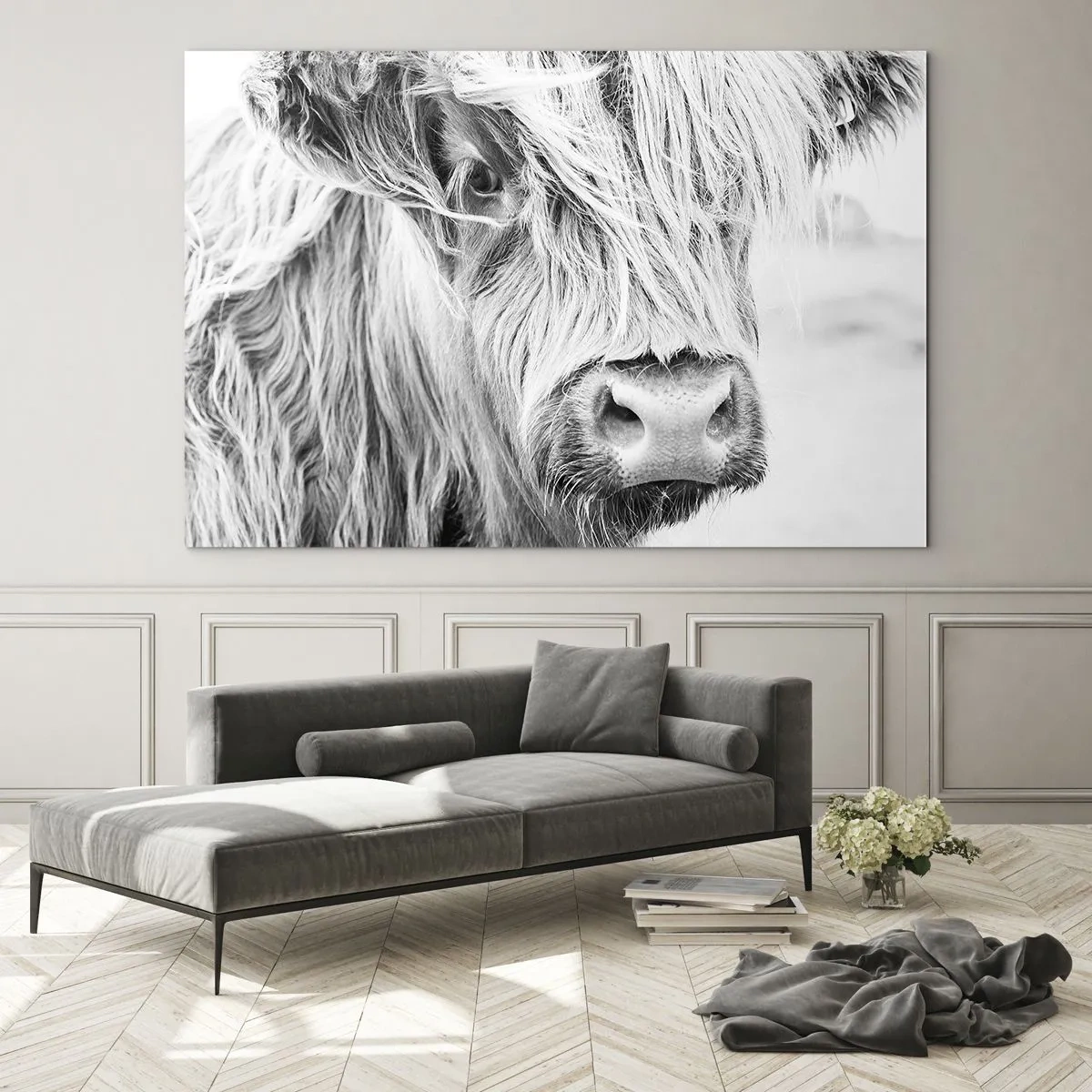 Impression sur verre - Image sur verre - Gros plan d'un bovin écossais à poil long en noir et blanc - 120x80cm - Sauvagerie écossaise - Décoration murale moderne pour le salon et la chambre ARTTOR