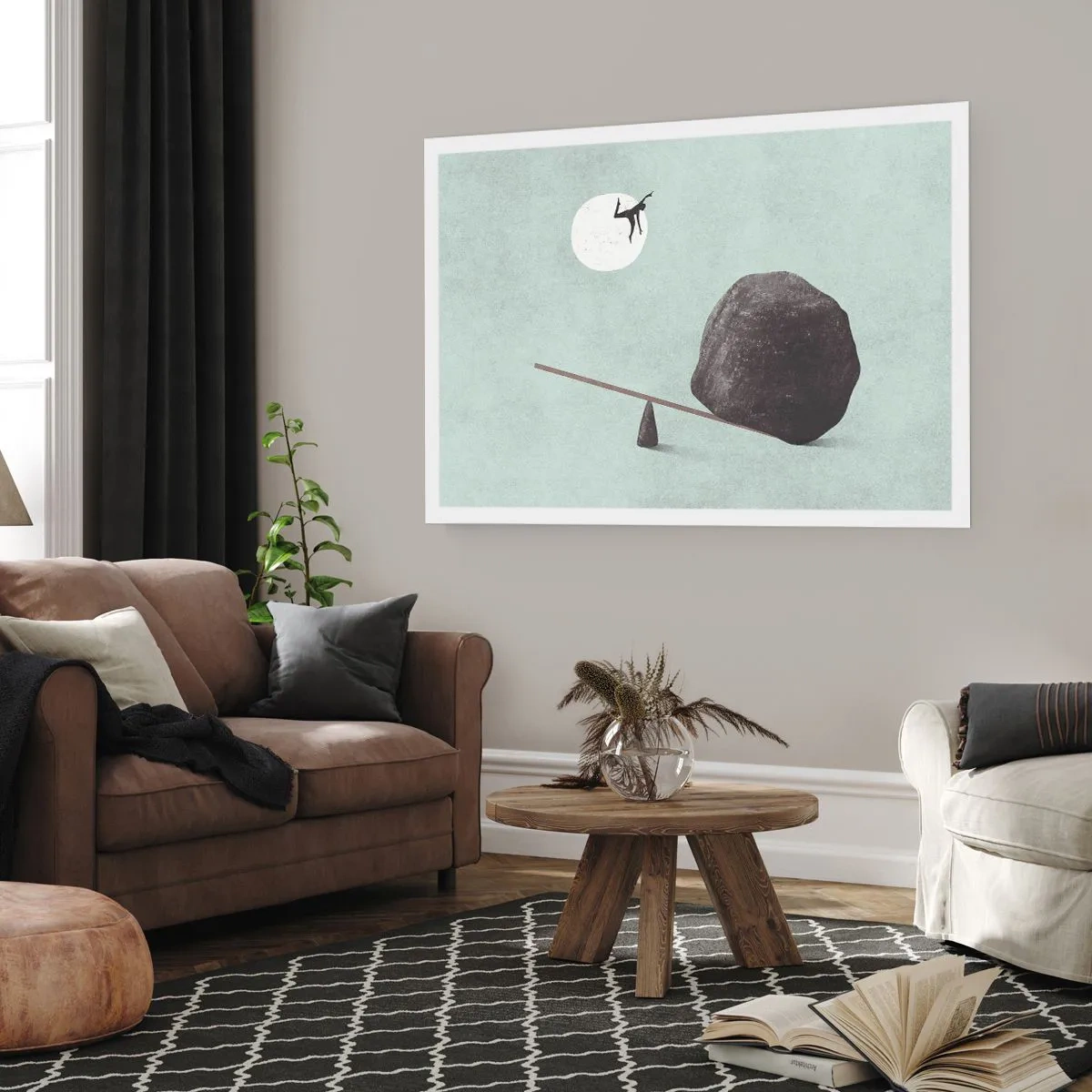 Affiche - Poster - Une scène symbolique avec une figure et un équilibre sur un ciel lumineux. - 100x70cm - Réalisation de ses rêves - Décoration murale moderne pour le salon et la chambre ARTTOR